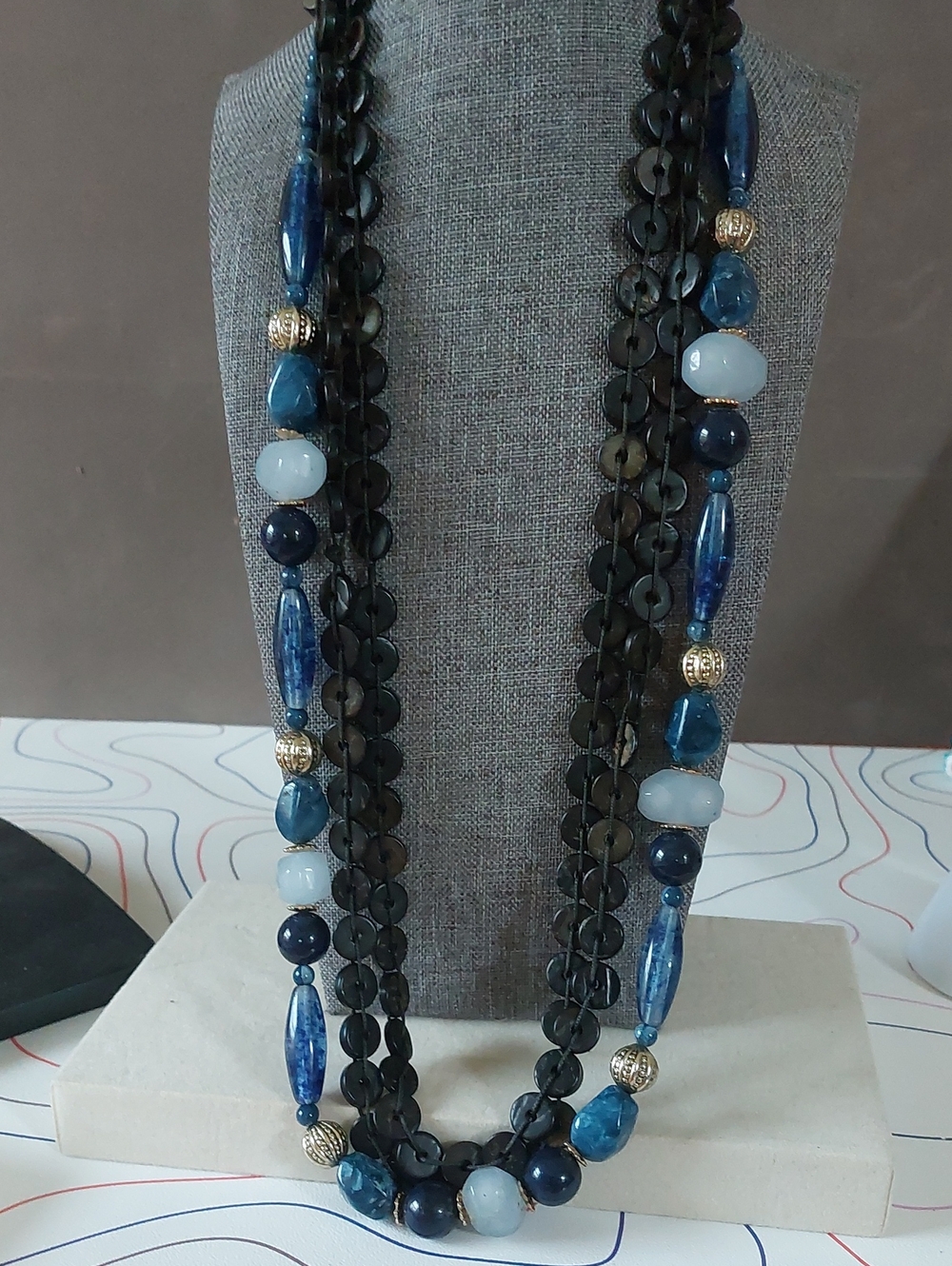 Vintage Boho Blue Acrylic & 60" Black Button Layering Necklace Set Lot